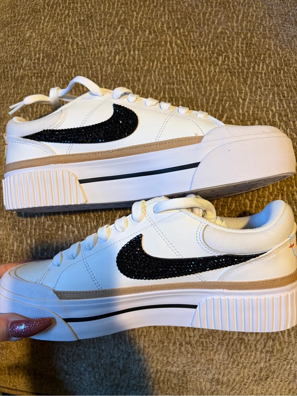 Nike court legacy lift White with Black Swoosh/sparkle blinged out